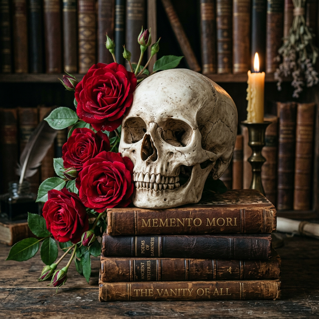 Human skull on stacked antique books titled Memento Mori, Poems of Darkness, Ancient Mysteries, and The Vanity of All, with red roses and a lit candle
